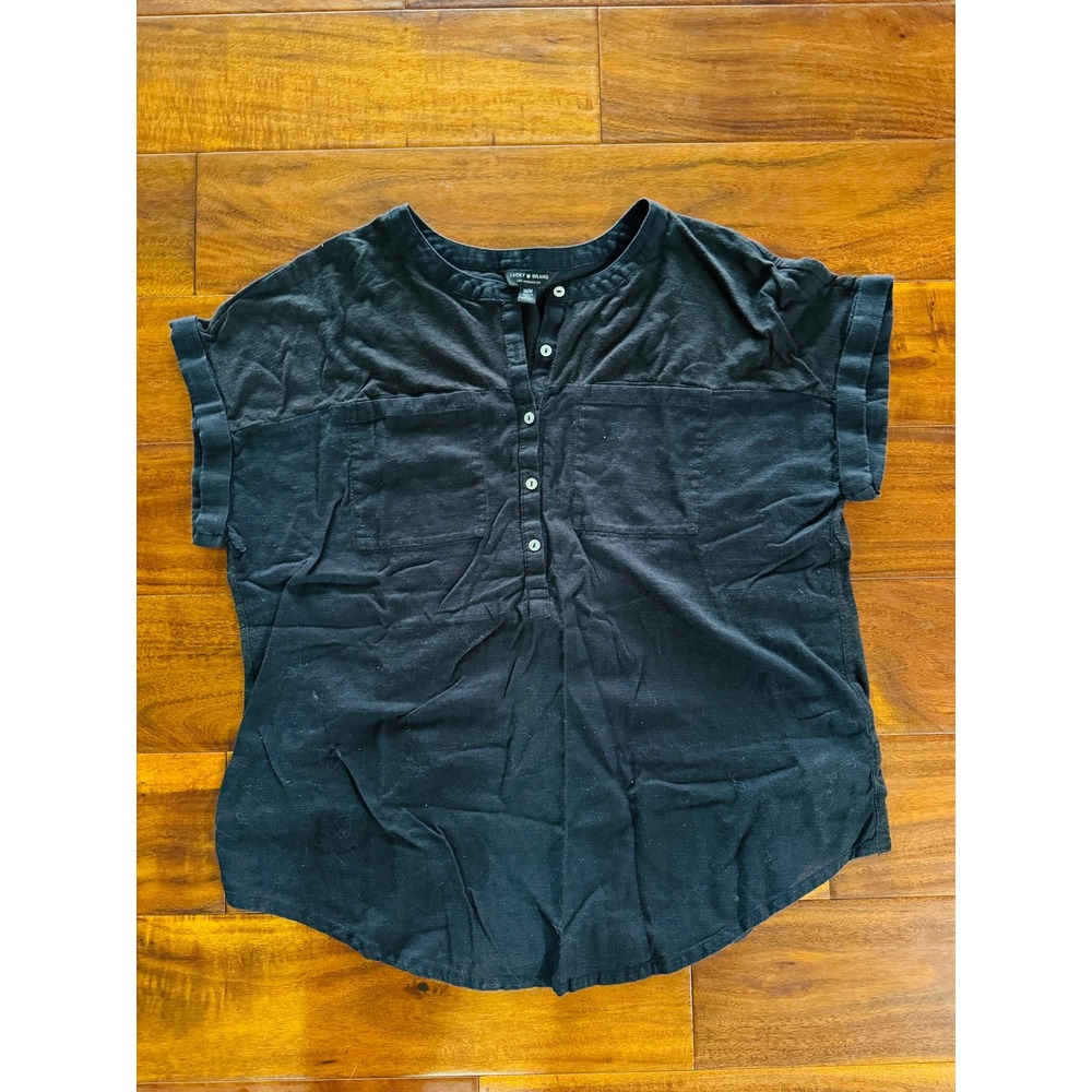 Lucky Brand Button Up Top Womens Medium Black Excellent Henley Chest Pockets